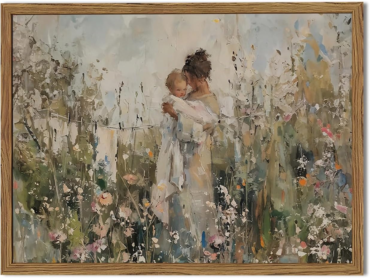 Motherhood Cottagecore Wall Art, Vintage Mothers Day Wall Decor Painting Mother Holding Baby Among Flowers Impressionist Canvas Prints for Bedroom Living Room Farmhouse 16x12 inch Wood Framed