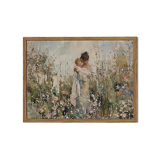 Motherhood Cottagecore Wall Art, Vintage Mothers Day Wall Decor Painting Mother Holding Baby Among Flowers Impressionist Canvas Prints for Bedroom Living Room Farmhouse 16x12 inch Wood Framed
