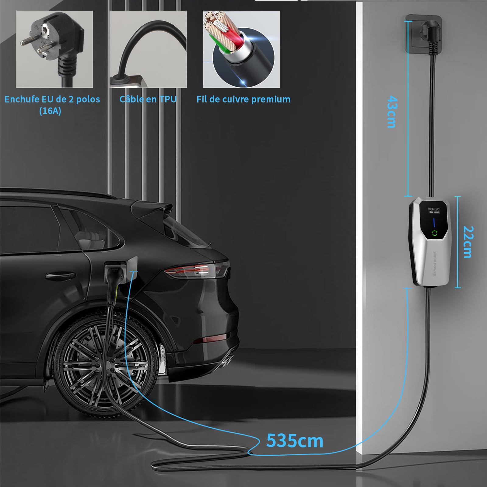 Cable de carga para coche eléctrico 3,68 kW [16 A, 6 m]: portátil cargador de coche eléctrico monofásico tipo 2 con enchufe Schuko, EV Charger con LCD control digital, IEC 62196-2