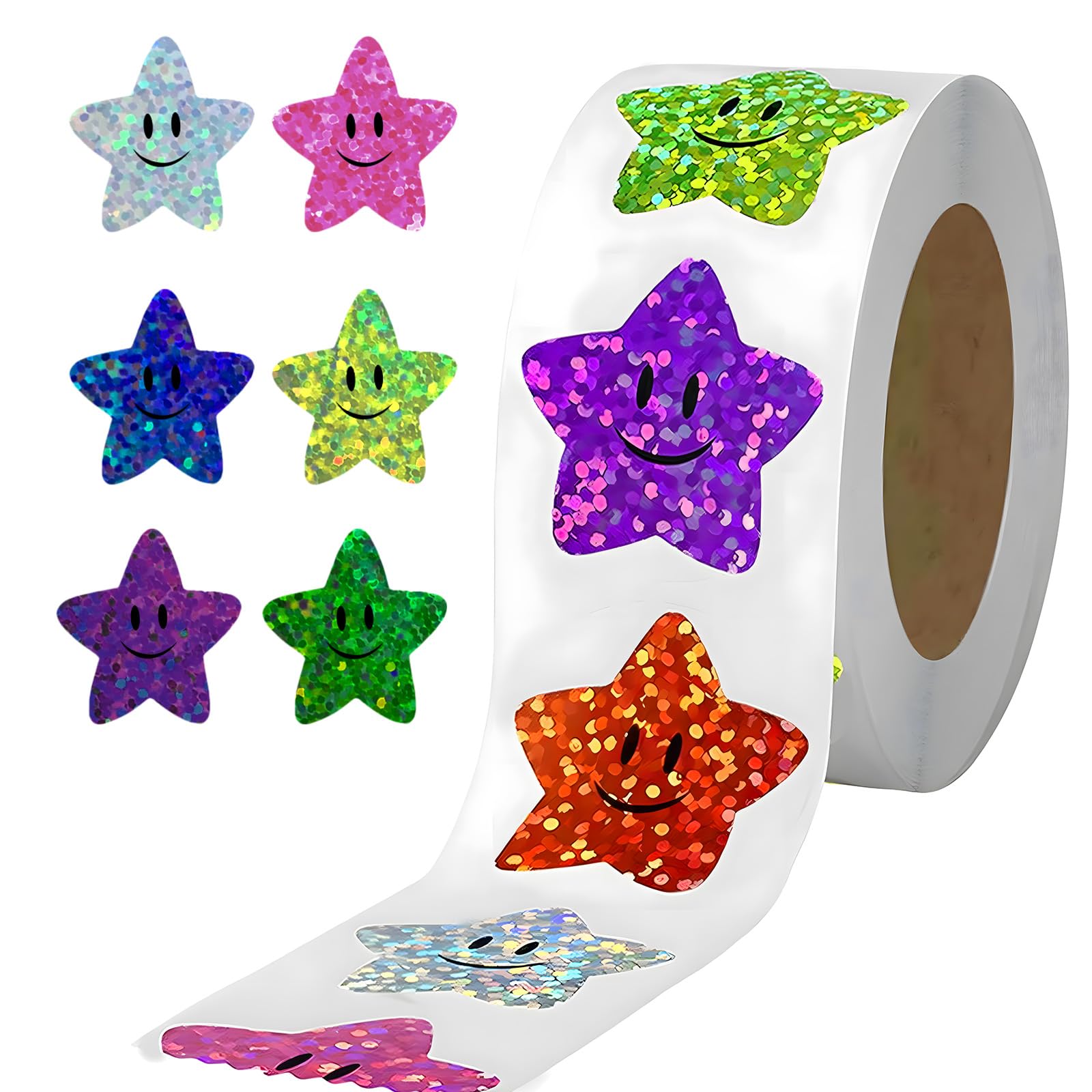 500pcs Smile Star Stickers for Reward Chart – 2.5M Self Adhesive Shiny Star Stickers Roll for Students – Sparkly Incentive Star Sticker for Teacher Supplier, Waterproof Holographic Stickers