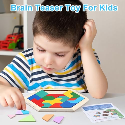 Miniatura 7 de Liliful Paquete de 10 bloques hexagonales de madera Tangram rompecabezas para niños, rompecabezas de forma de rompecabezas con patrón de bloques