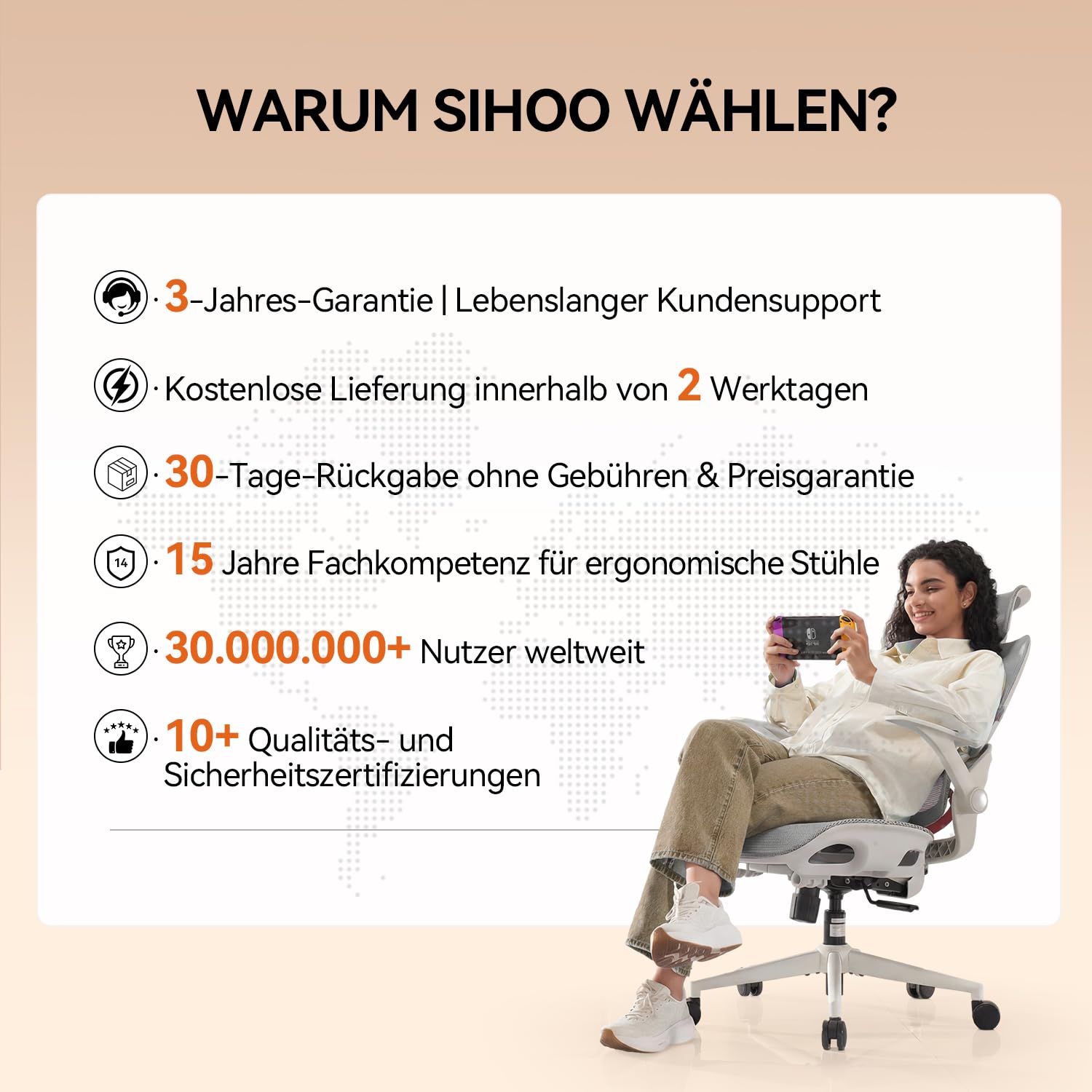 SIHOO Bürostuhl Ergonomisch mit 4D Lordosenstütze, Kopfstütze & Klappbaren Armlehnen, Neigung 90-135°, Weiß