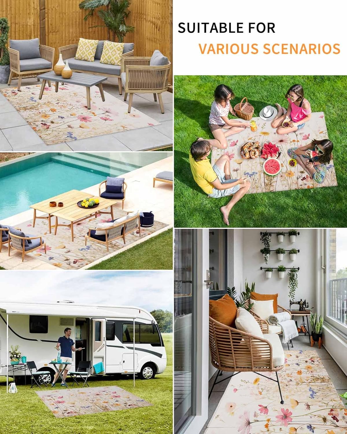 Wildflower Outdoor Area Rug 4'x6',Patio Balcony Porch Front Door Camping Camper RV Deck Runner Rug Carpet Bedroom/Living Room/Bathroom/Kitchen,Hallway Floor Mat Romantic Vintage Botanical Plant Herb