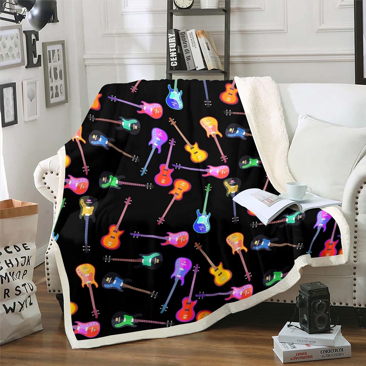 Coperta in pile con chitarra e musica rock, per bambini, ragazzi e ragazze, coperta in sherpa colorata con strumenti a chitarra elettrica per divano letto, king size, 220 x 239 cm