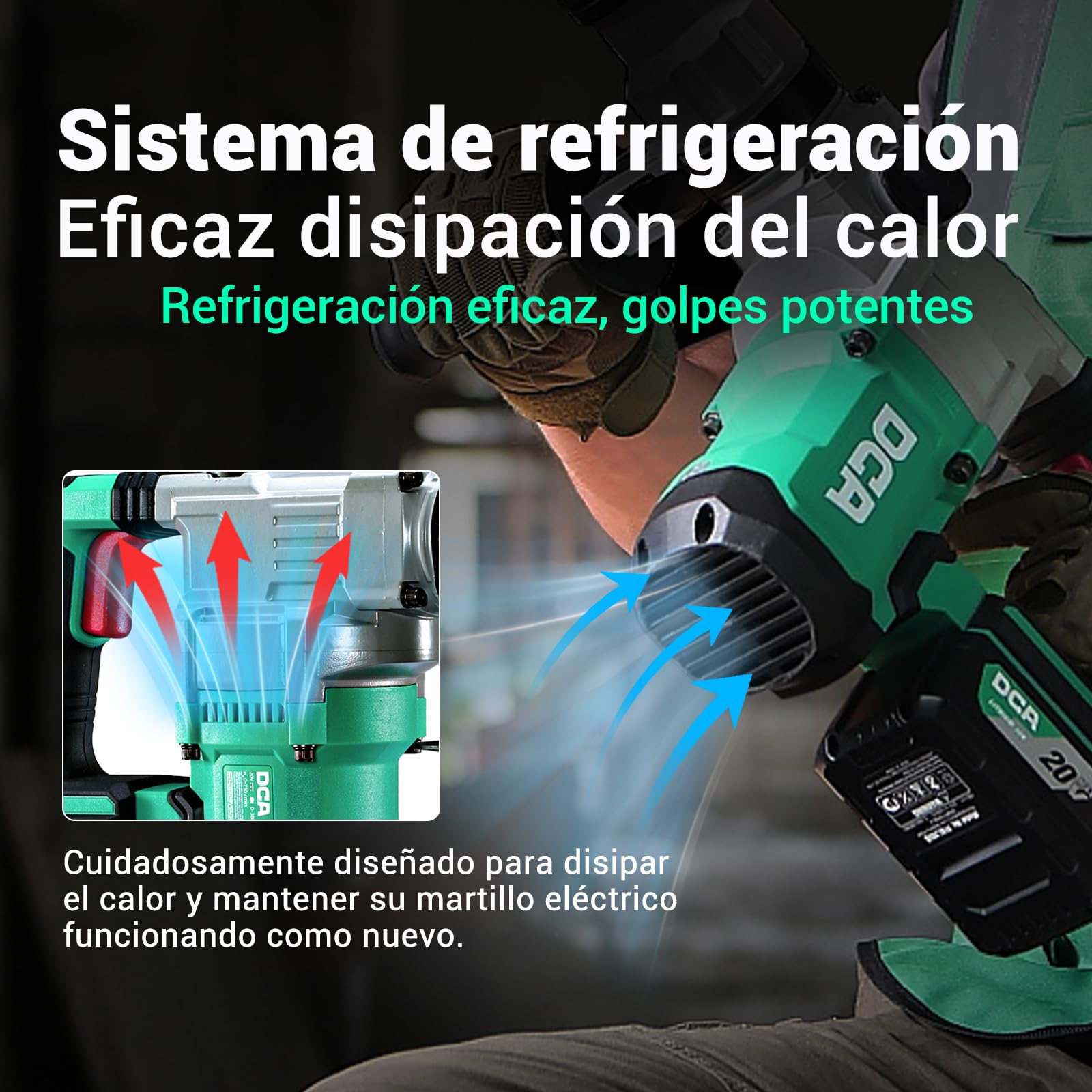 DCA Martillo Perforador sin Cable 20V, 4.5 J de Energía de Golpe y 3800 BPM, 4 Piezas 28mm SDS-Plus, Motor de Alto Rendimiento para Martillo Perforador sin escobillas, Batería 5.0Ah, Cargador Rápido 4
