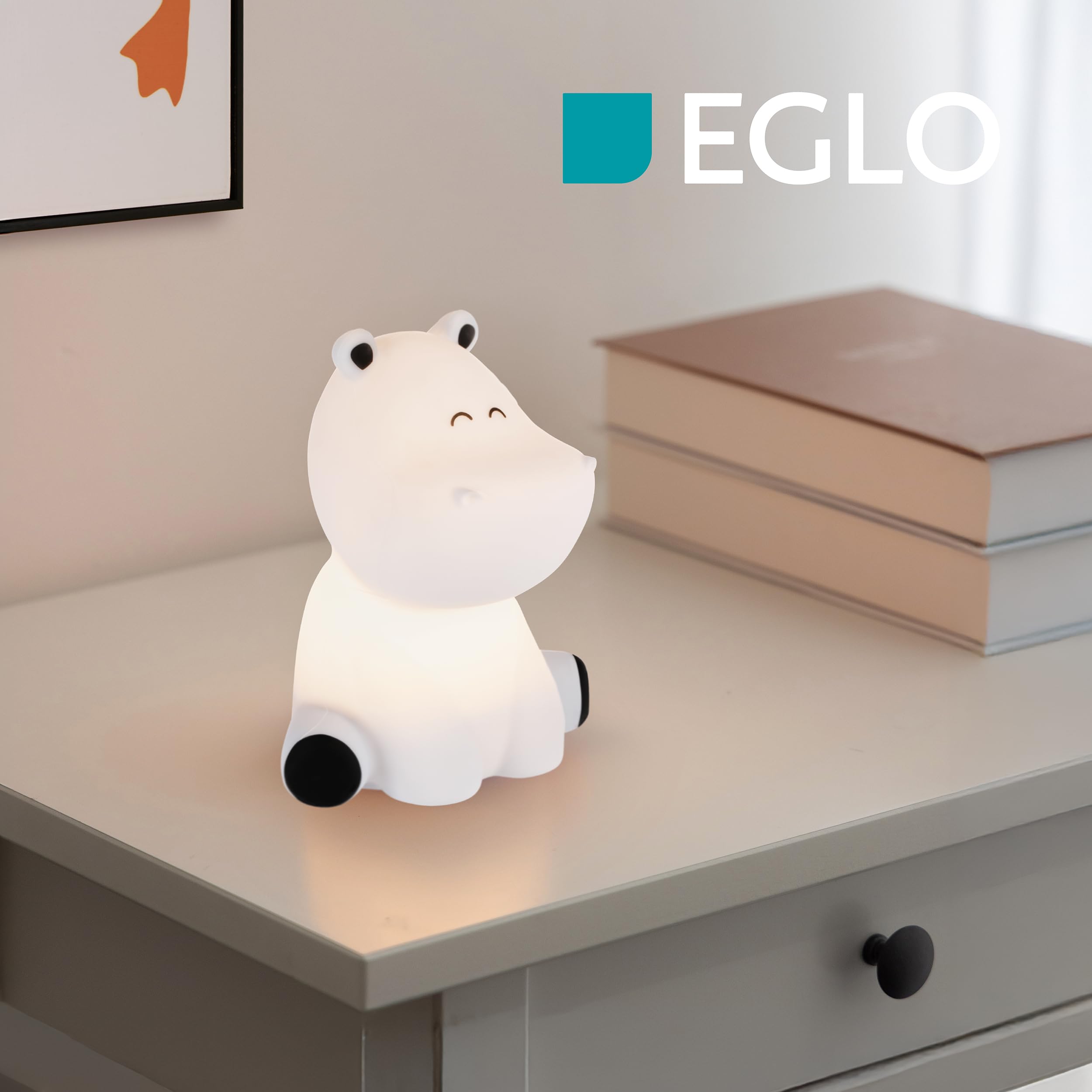 EGLO Castellino Lampka nocna LED na baterie, lampa stołowa hipopotam, dekoracja do pokoju dziecięcego chłopca, dla dzieci, łóżka niemowląt, dotykowa, niebieska, ciepła biel, RGB