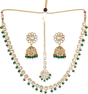Jwellmart Gold Polish Faux Kundan Bridal Wedding Choker Necklace Earrings Tika Combo Set Bollywood Party Traditional Fashion Indian Jewelry Jewellery Set for Women