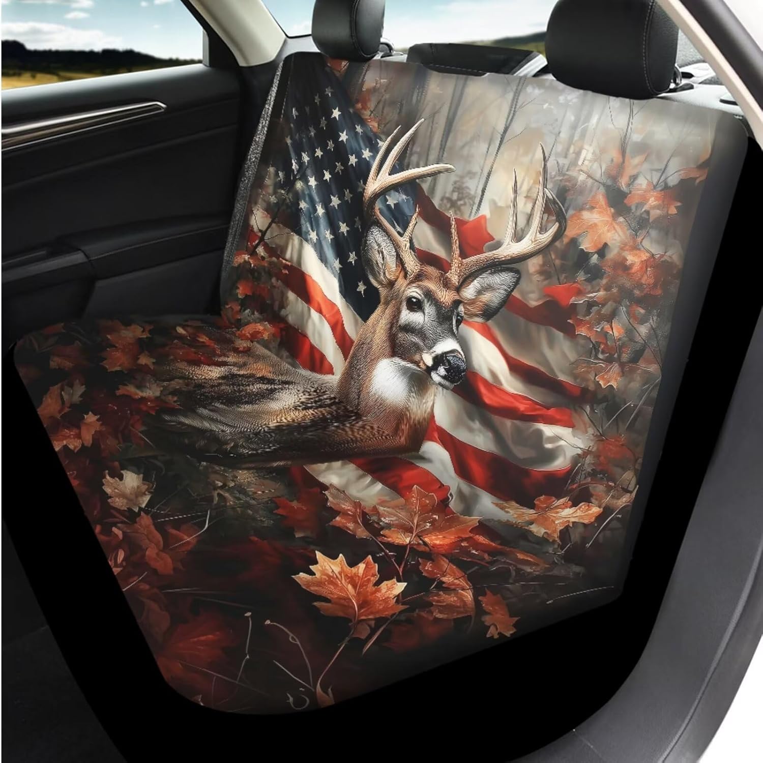 Bulopur Hunting Deer Camo Automotive Seat Covers with Car Steering Wheel Cover American Flag Elastic Armrest Cushion Pad Seat Belt Cushion Pad Keychain Automotive Interior Accessories Set