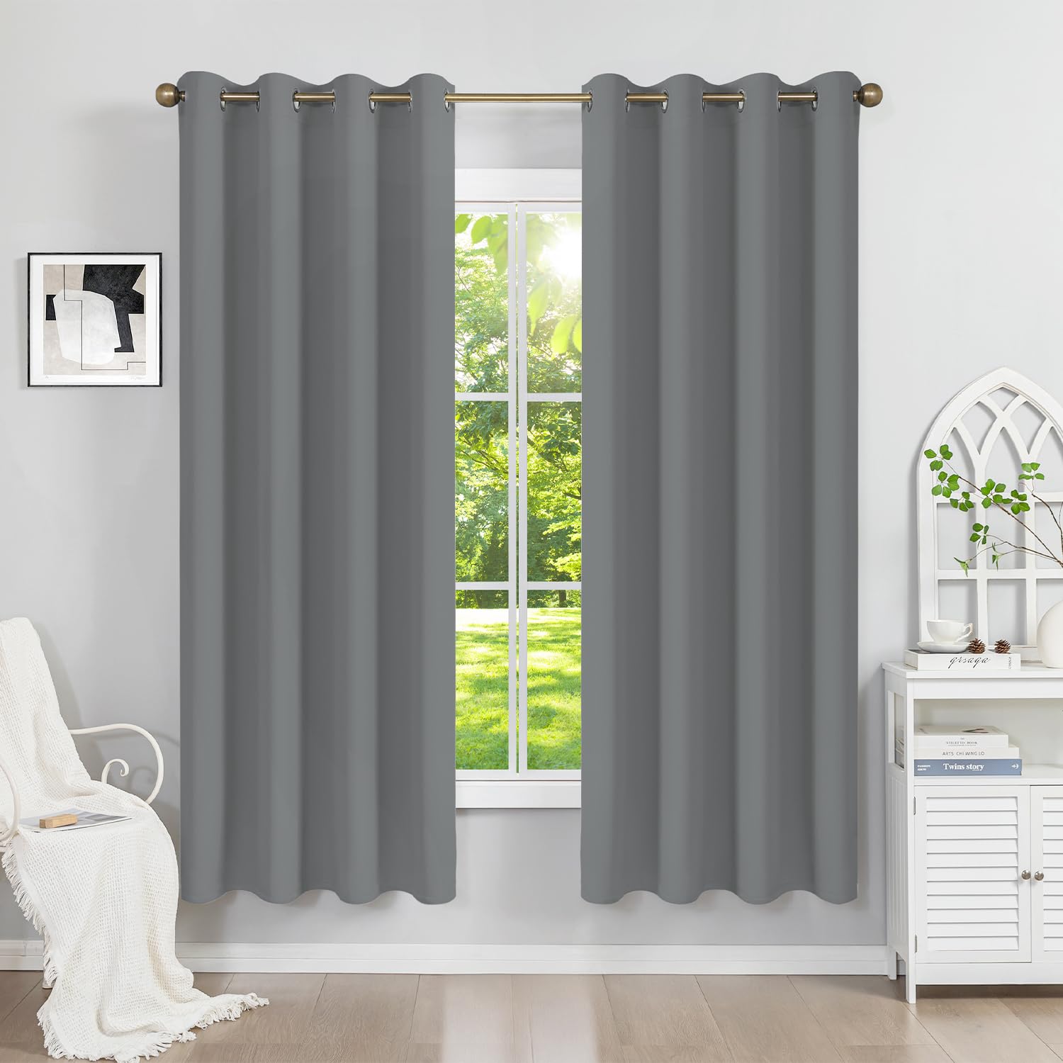Runyéla Blackout Curtains for Bedroom Eyelet 52 x 63 Inch Drop Grey Thermal Black Out Curtain for Living Room, 2 Panels, Light Grey