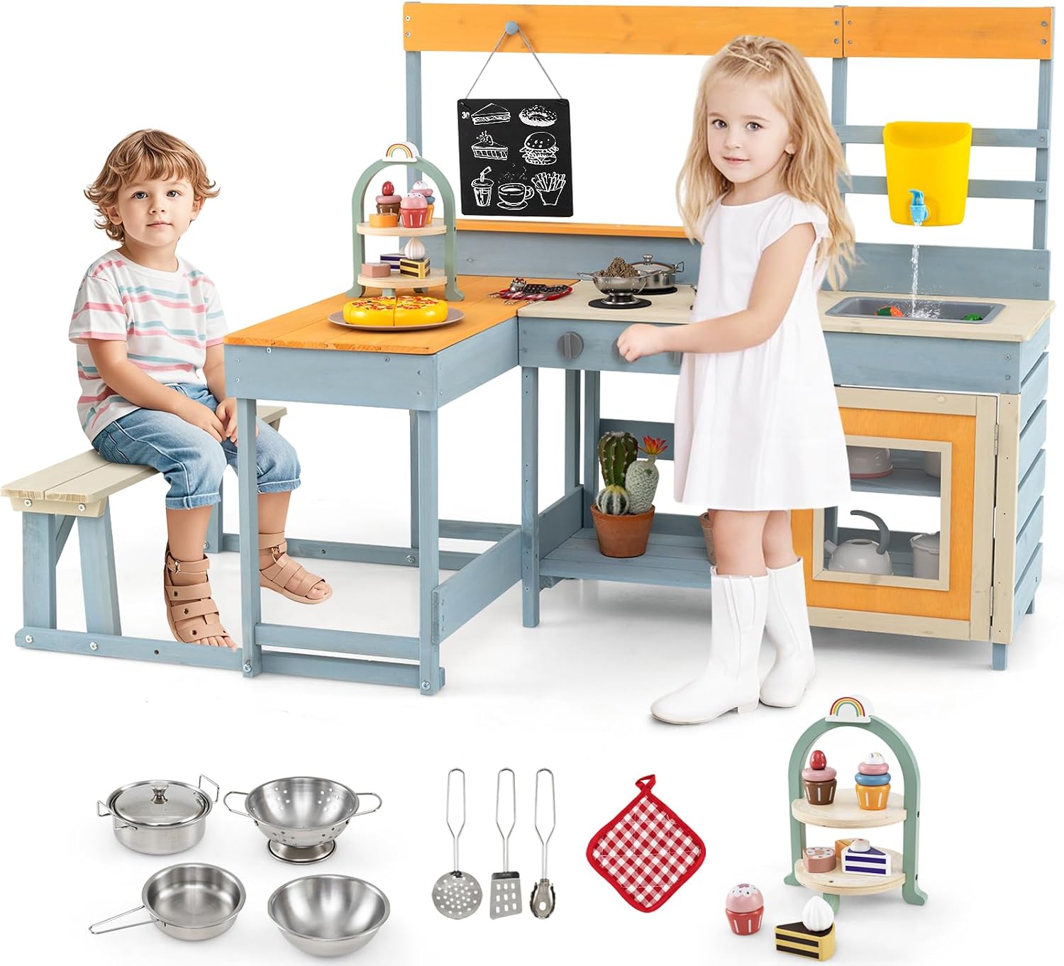 HONEY JOY Mud Kitchen & Kids Picnic Table, 2 in 1 Fir Wood Play Kitchen w/Built-in Bench, Blackboard, Water Box, Sink, Dessert & Cookware, Outdoor Kitchen Playset for Backyard