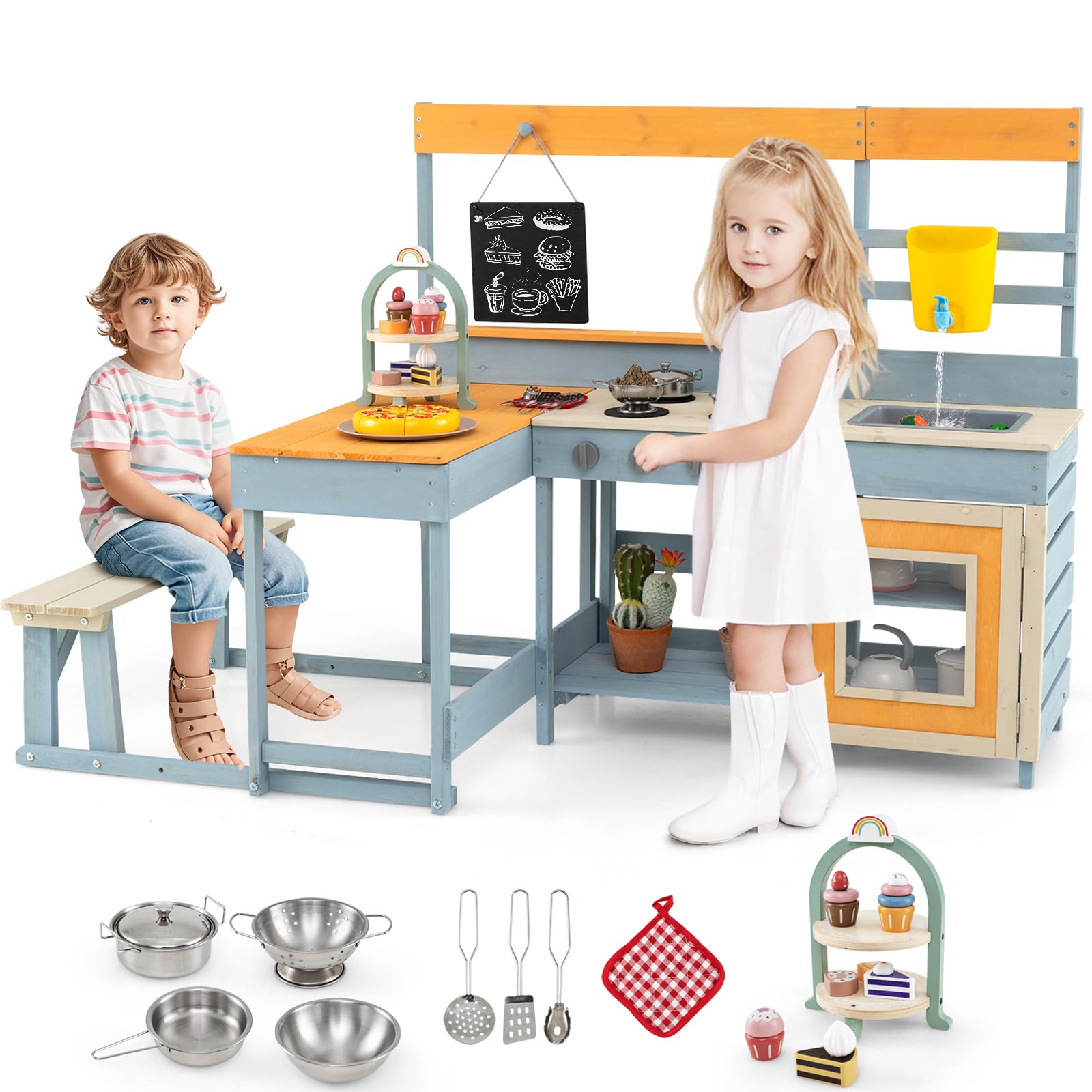 HONEY JOY Mud Kitchen & Kids Picnic Table, 2 in 1 Fir Wood Play Kitchen w/Built-in Bench, Blackboard, Water Box, Sink, Dessert & Cookware, Outdoor