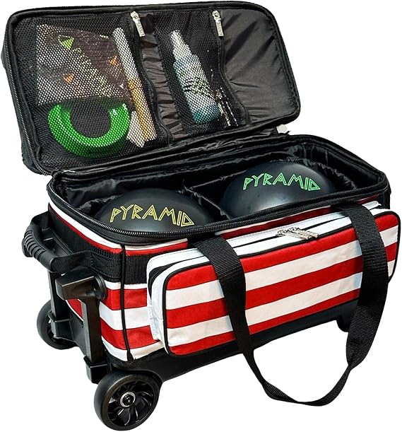 Pyramid Deluxe Double Roller 2 Ball Bowling Bag with Large Separate Shoe Compartment (Up To 2 Pairs Of Shoes) and Accessory Pockets, Sturdy Square Handle - Extends to 40 - Pro Options Available
