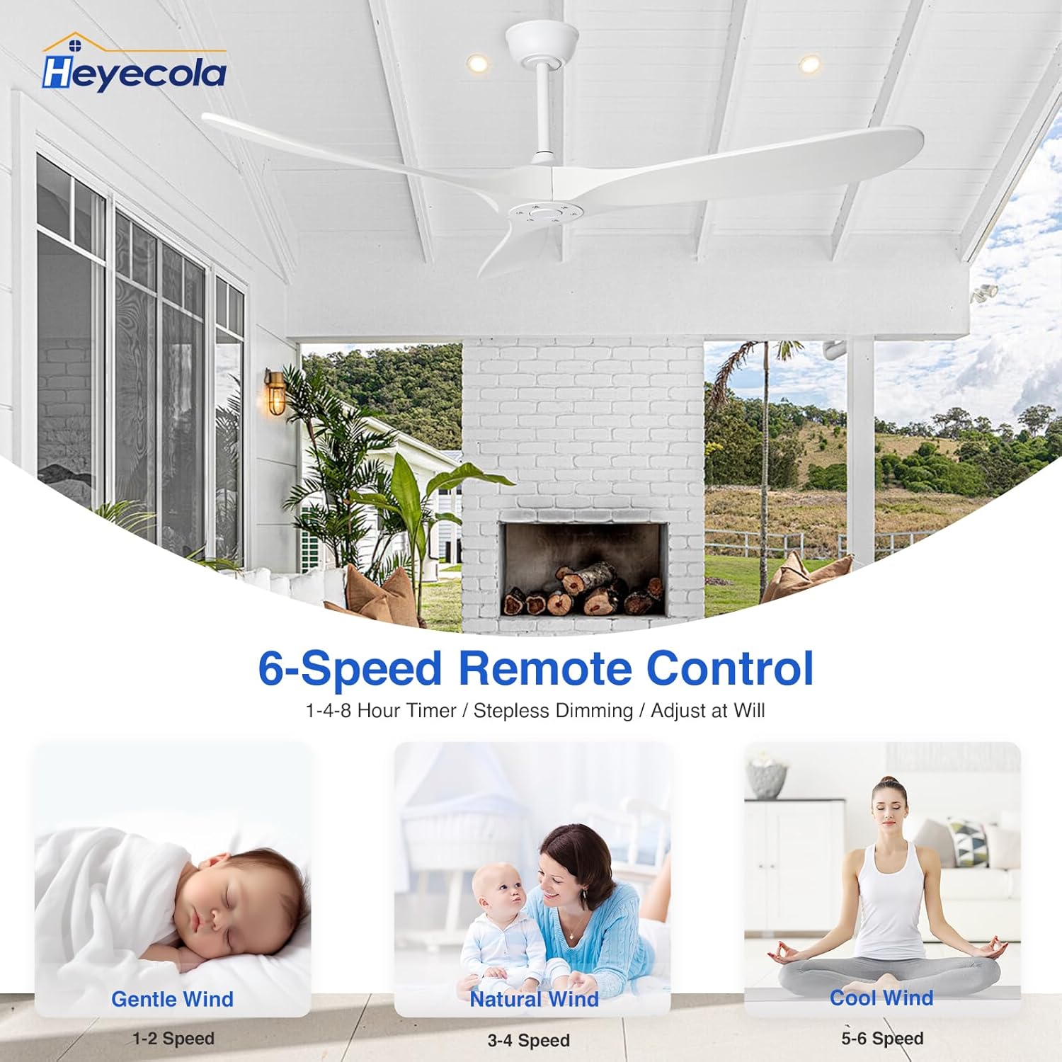72 Inch Large Ceiling Fan No Light with Remote,Indoor/Outdoor White Modern Ceiling Fan for Patios,Living Room,3 Blade Wood,6 Speed Noiceless Reversible DC Motor,High CFM,Low Profile Flush Mount Fan