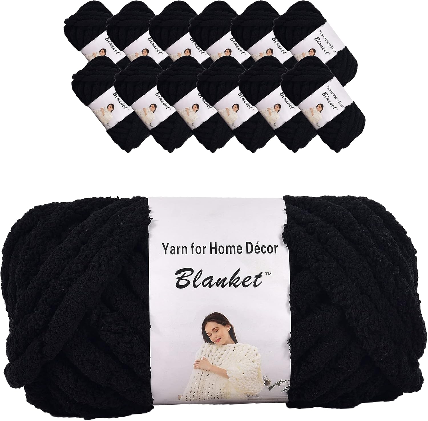 Chenille Chunky Yarn Arm Knitting Thick Bulky DIY for Knit Blanket Cushion Bed Sofa Home Decor (Black,12-Pack,3kg/6.6 lb)