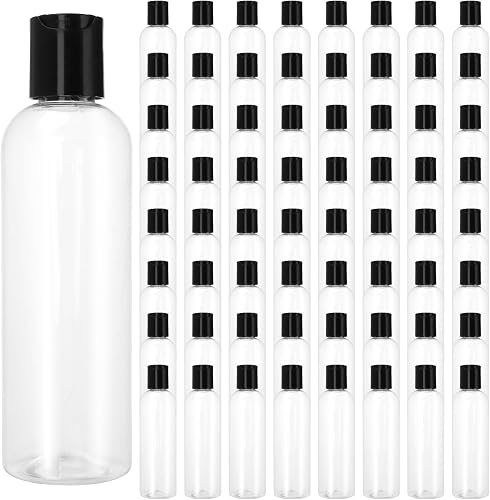 Plastic Empty Bottles, Squeezable Travel Containers with Black Disc Cap, Refillable Empty Lotion Bottles for Shampoo Lotions Shower, Clear, Black, 60PCS 4OZ
