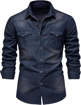 Eisctnd Mens Denim Button Down Shirt Classic Fit Long Sleeve Jean Work Shirts with 2 PocketsNavy-S