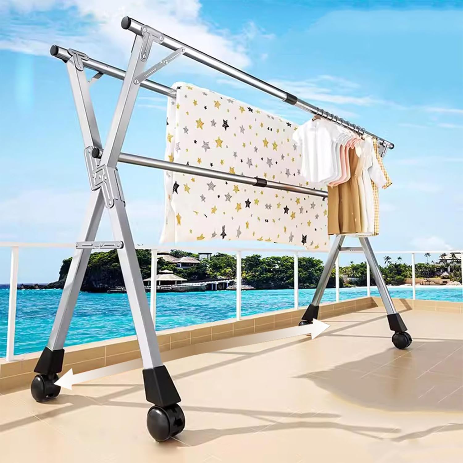Expandable Laundry Drying Rack with Lockable Wheels 3 Bar SpaceSaving Folding Clothes Dryer 140cm Height Steel for Indoor/Outdoor Use No Shoe Support 200cm