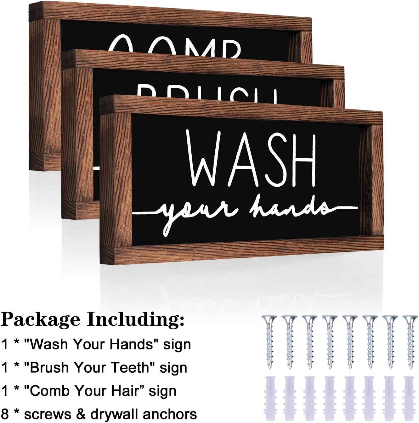 LIBWYS Bathroom Sign & Plaque (Set of 3) Wash Your Hands Brush Your Teeth Comb Your Hair Decorative Rustic Wood Farmhouse Bathroom Wall Decor (Black)