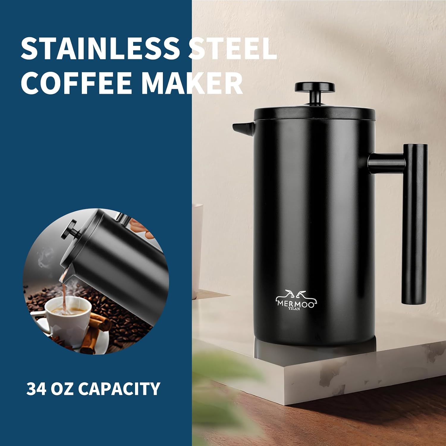 MERMOO YILAN French Press 34oz Insulated Stainless Steel Coffee Maker Unbreakable Coffee Press Easy to Clean for Home, Camping, Travel (Black)