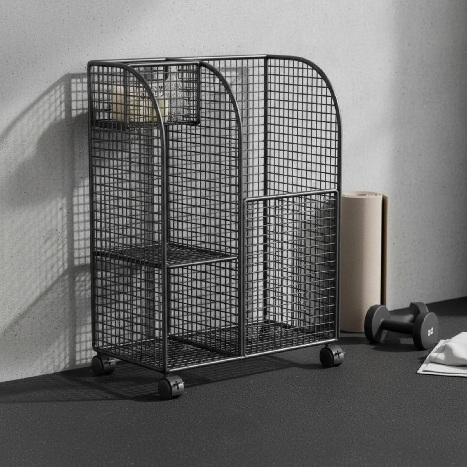 Baoblaze Mobile Basket Carrello Contenitore Palestra Portatappeti Portacorda Struttura in Ferro a Maglia con Ruote Scorrevoli E Scomparti Separati Adatto per Benessere, Oro