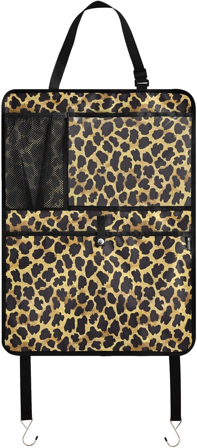 Leopard Print Gold Car Back Seat Cover Protector for Kids Seat Protector Kick Mat Back Organizers with 3 Pockets, 2 Pcs