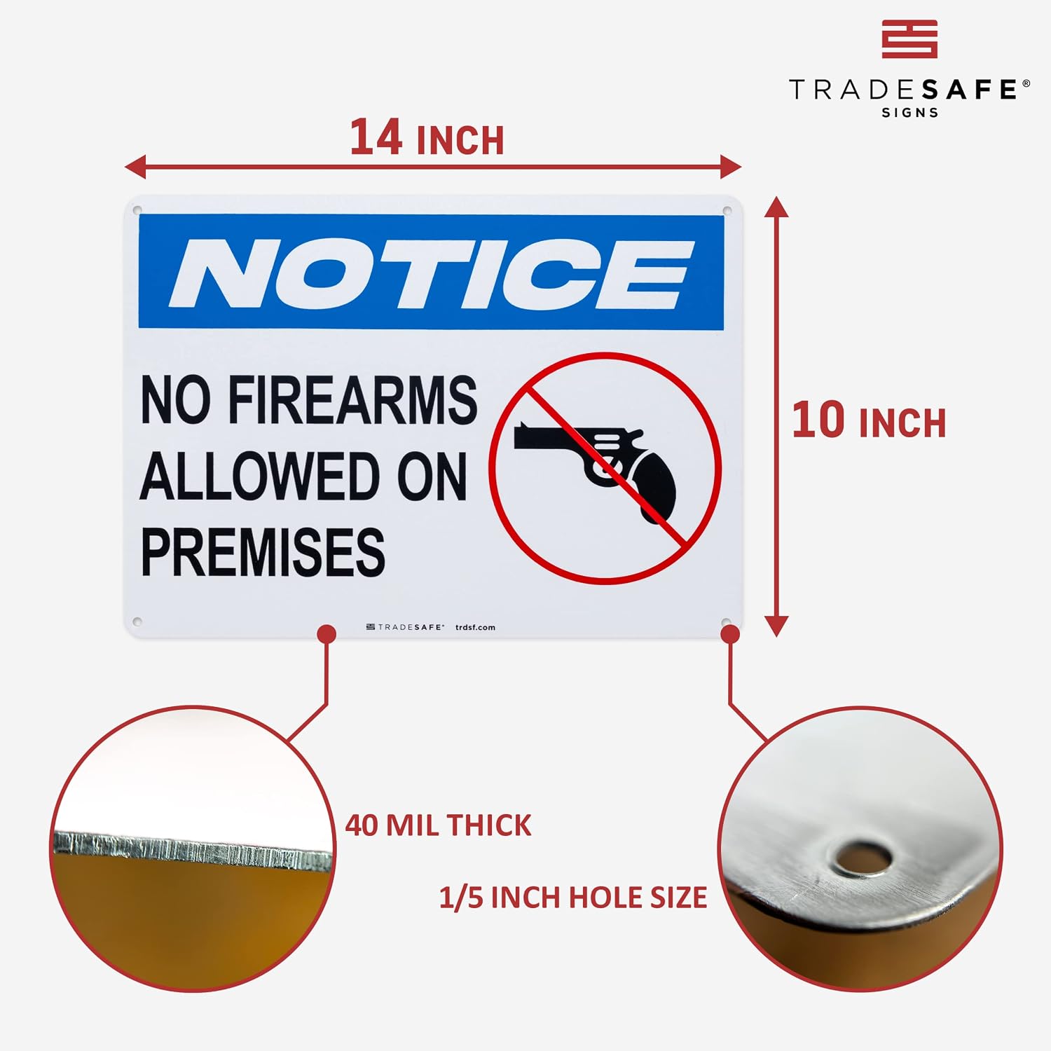 TRADESAFE No Firearms Allowed Sign - Office Sign, Business Sign, Quick Install Aluminum Safety Sign, Light Reflective, UV-Resistant, Waterproof, 14” X 10” No Firearms or Weapons Sign