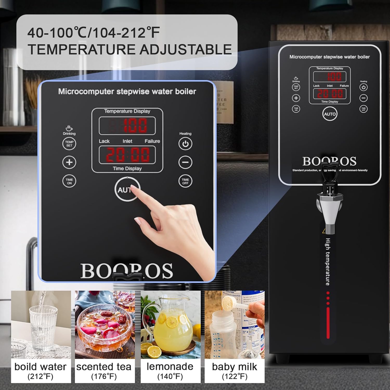 BOOROS Commercial Hot Water Dispenser Black Hot Water Dispenser Countertop 15L Commercial Hot Water Boiler, 24-Hour Timer,1500W Step-heating 38L(10GAL)/Hour for Restaurant,Hotel,Office,Home,Capacity