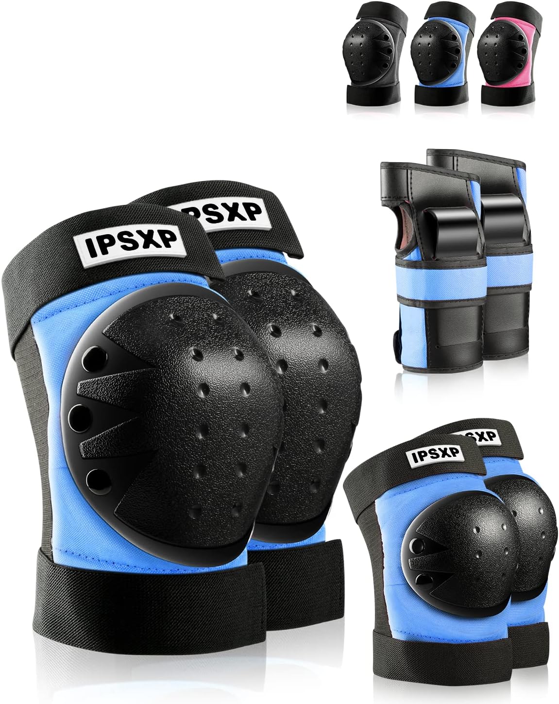 IPSXP Knee Pads Set, Protective Gear for Kid Children Teenager Adult with Knee Elbow Wrist Pads for Rollerblading, Skating, Skateboard, Scooter, Biking, Cycling