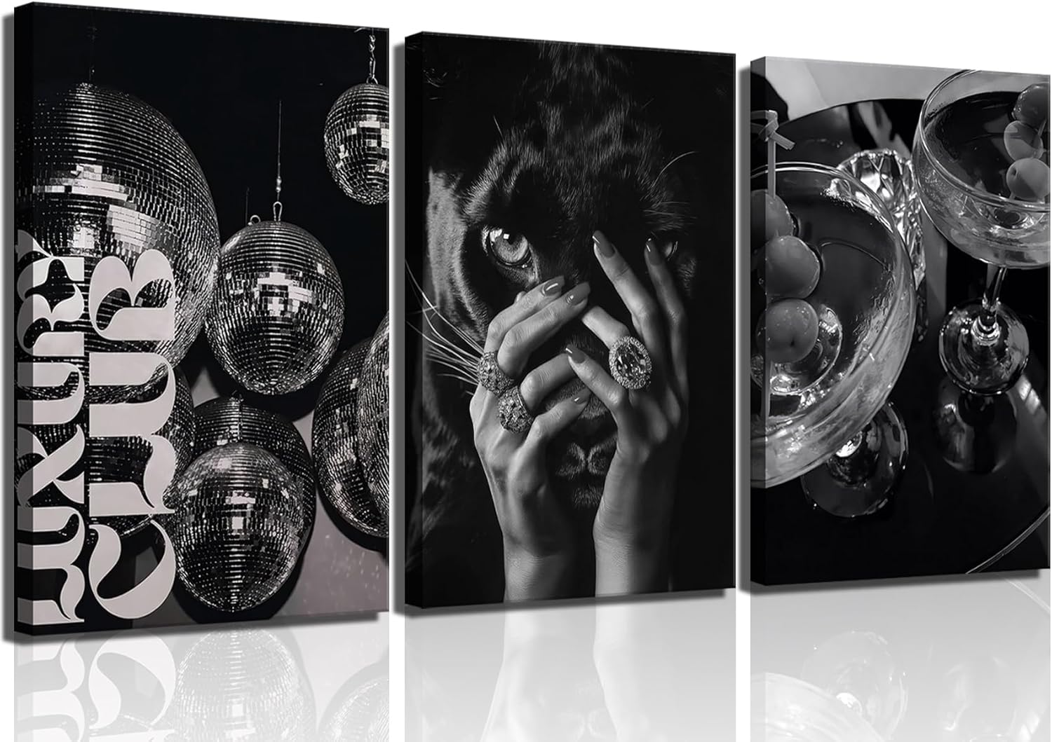 3Pcs Luxury Black And White Cheetah Canvas Wall Art Funky Disco Ball Bar Cart Wall Decor Pictures Fashion Feminism Posters Prints for Girls Bedroom Apartment Dorm Bar Decorations Ready To Hang