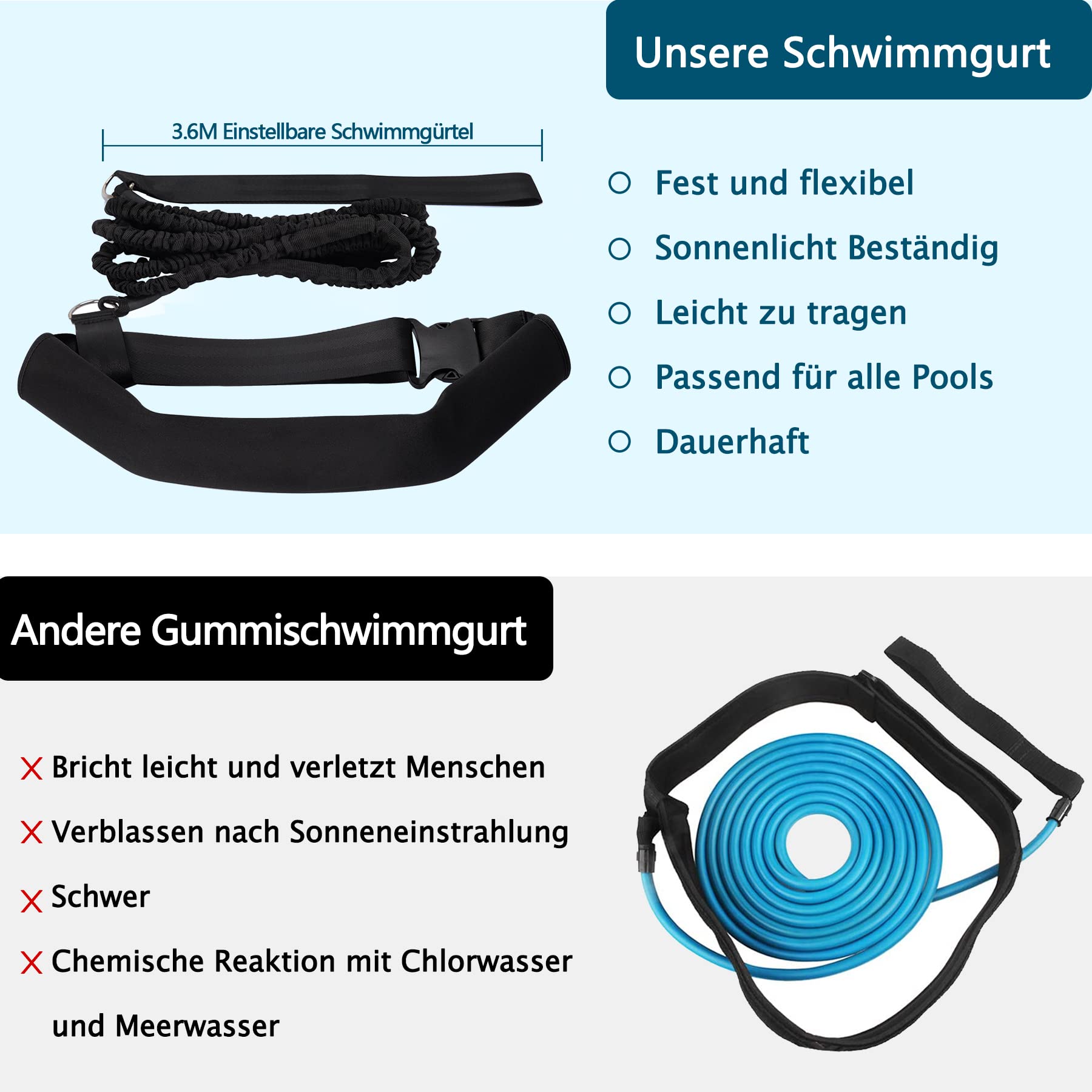 BOOSTEADY Schwimmgurt für Pool 3.6M Einstellbare Schwimmwiderstand Gürtel Schwimmhilfe Schwimmtrainer Gürtel Leine für Kinder Erwachsene
