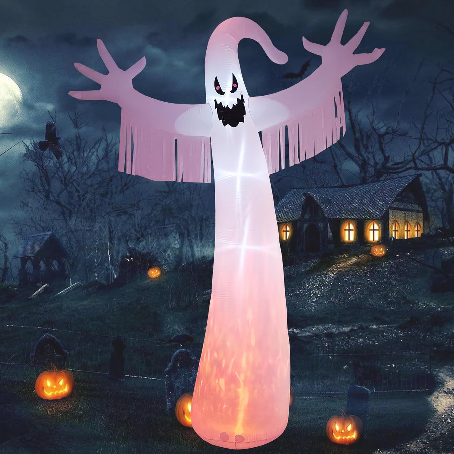 12FT Halloween Inflatables Outdoor Decorations: Inflatable Ghost with Fire Flame and Blinking Red Eyes, Blow up Decor for Yard Garden Lawn Home Holiday Party White Ghost