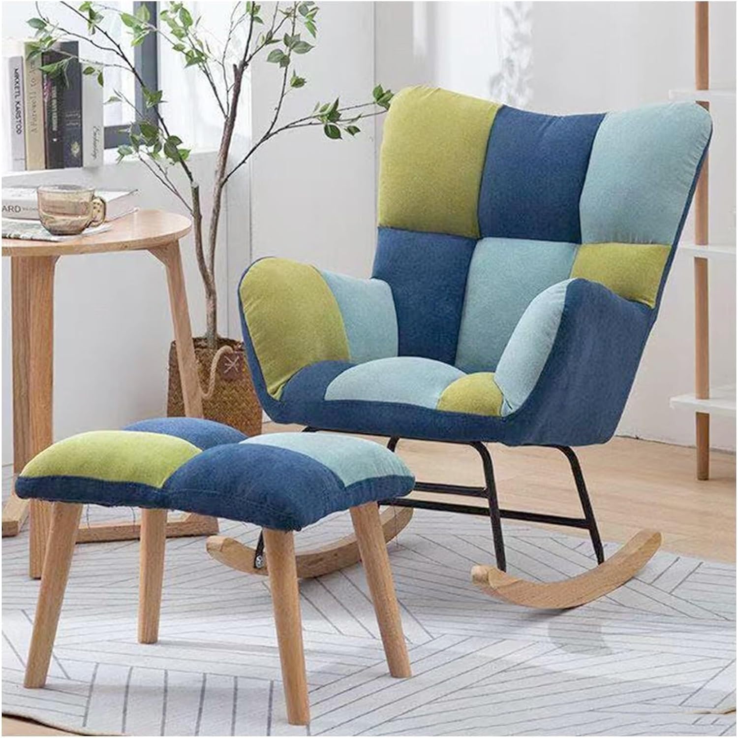 Modern Upholstered Rocking Chair with Footstool, Padded Seat & Sturdy Wooden Legs for Nursery, Living Room & Bedroom – Stylish Gray Splicing Design