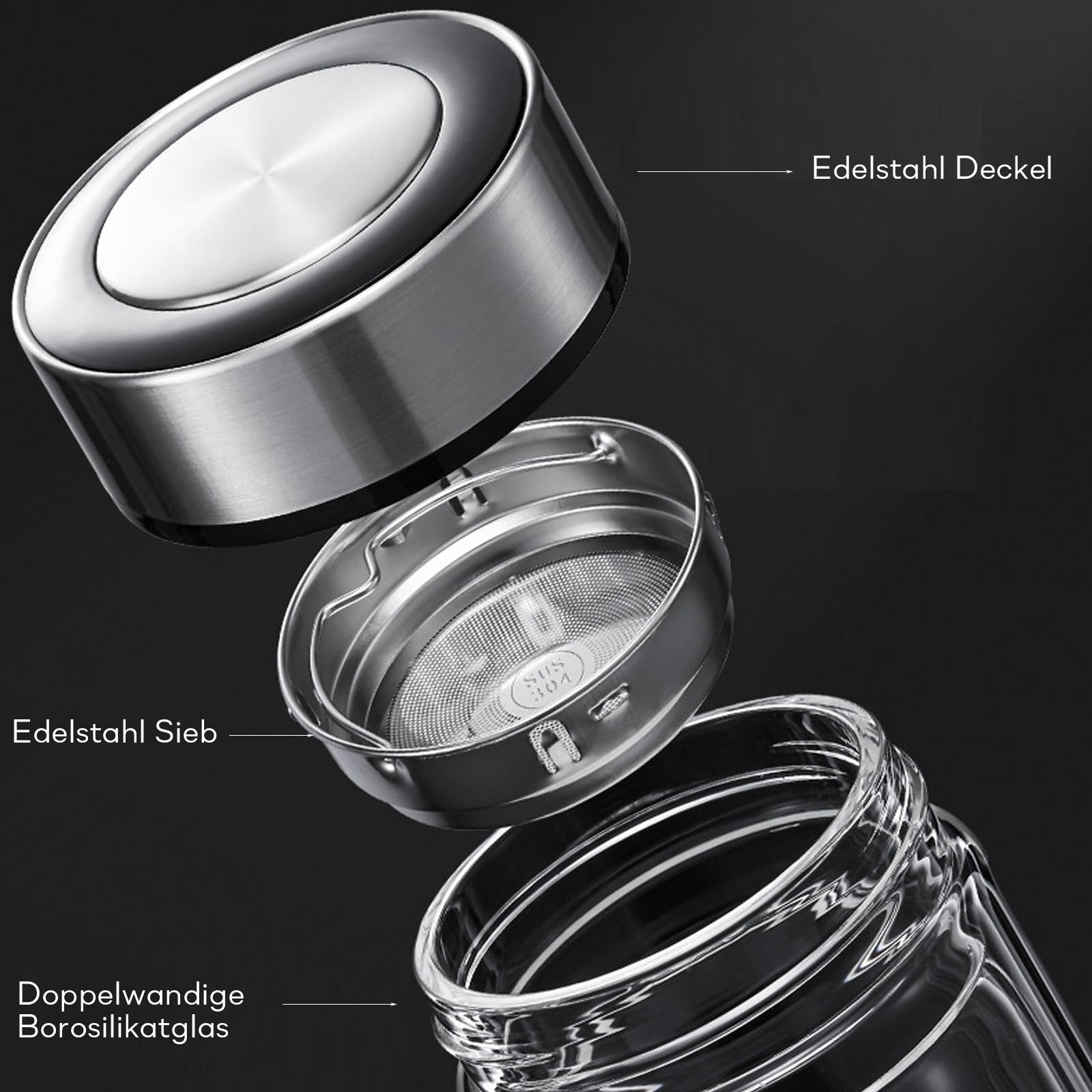 Teebecher mit Teesieb, 340.2 g Teeflasche mit Teesieb, kleine doppelwandige Teeflasche aus Borosilikatglas, 100% auslaufsicher, mit Edelstahlfilter, 350 ml