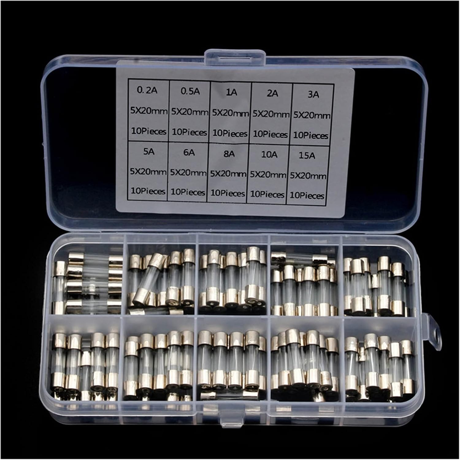 100pcs 5x20mm Glass Tube Fuse Set Car Electric Fast Blow Glass Fast Blow Fuses Kit 0. 2A/0.5A/2A/3A/5A/6A/8A/10A/15A 250V Fuse