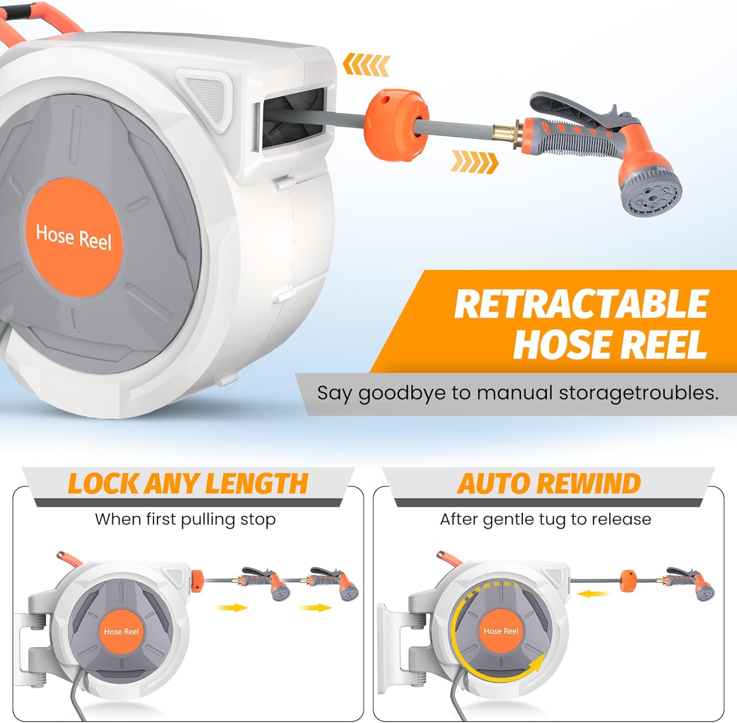 Retractable Garden Hose Reel, 5/8 In x 100 Ft With 9 Function Sprayer Nozzle, Any Length Lock, Automatic Rewind and Slow Return System, Wall Mounted and 180 Deg Swivel Bracket