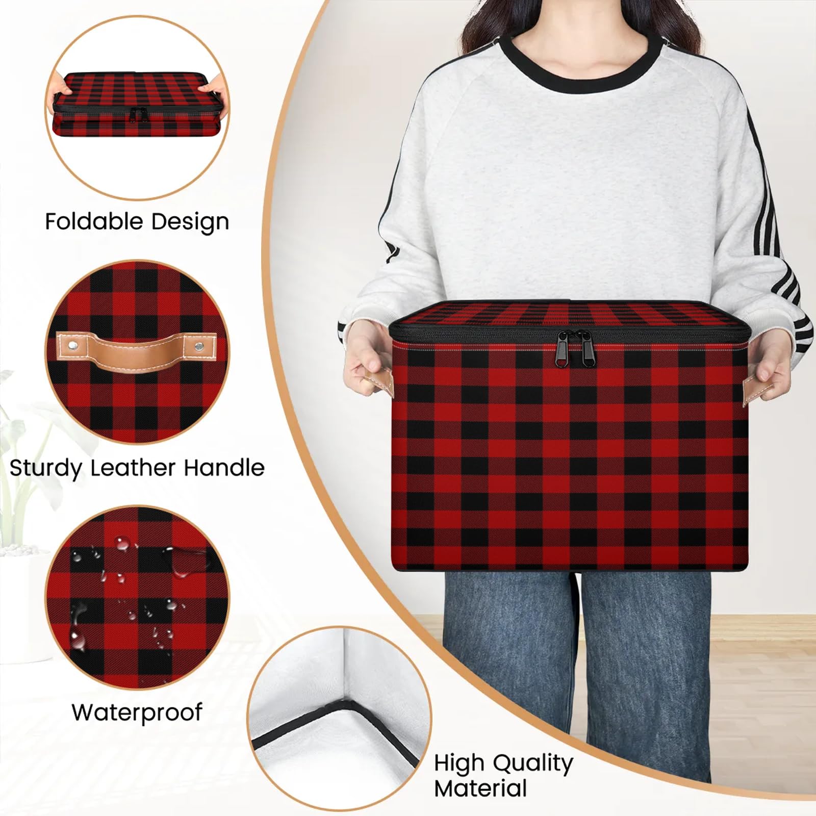Cesta de almacenamiento grande a cuadros de Navidad con tapa de cremallera, cajas de almacenamiento plegables a cuadros de búfalo, organizador del hogar para ropa, dormitorio, sala de estar,