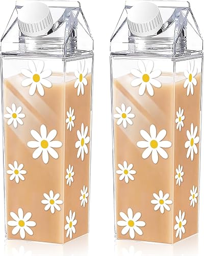 Whaline Paquete de 2 botellas de agua de cartón de leche de margaritas de 17 onzas, botellas de leche de plástico transparente a prueba de fugas,