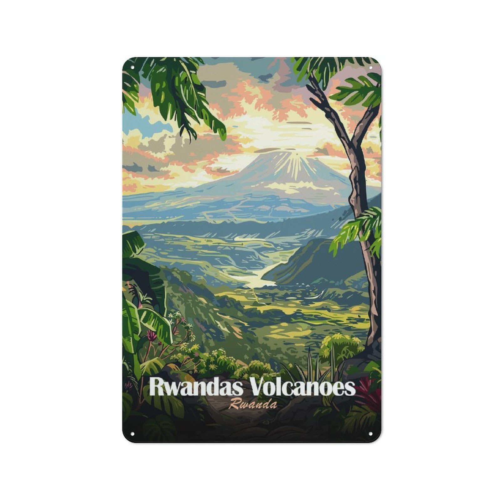 Junmoney Style-4 Rwanda Volcanoes Landscape Rustic Metal Sign 30X20cm For Pub Or Café, For Collectors Of Rustic Metal Wall Decor
