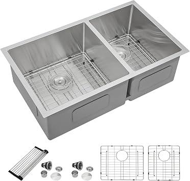 Dcolora 33 Inch Undermount Double Bowl Kitchen Sink 60/40 Split 16 Gauge 304 Stainless Steel Large Double Sinks, 33"x19"x10 Rounder Corner, DC-U7730