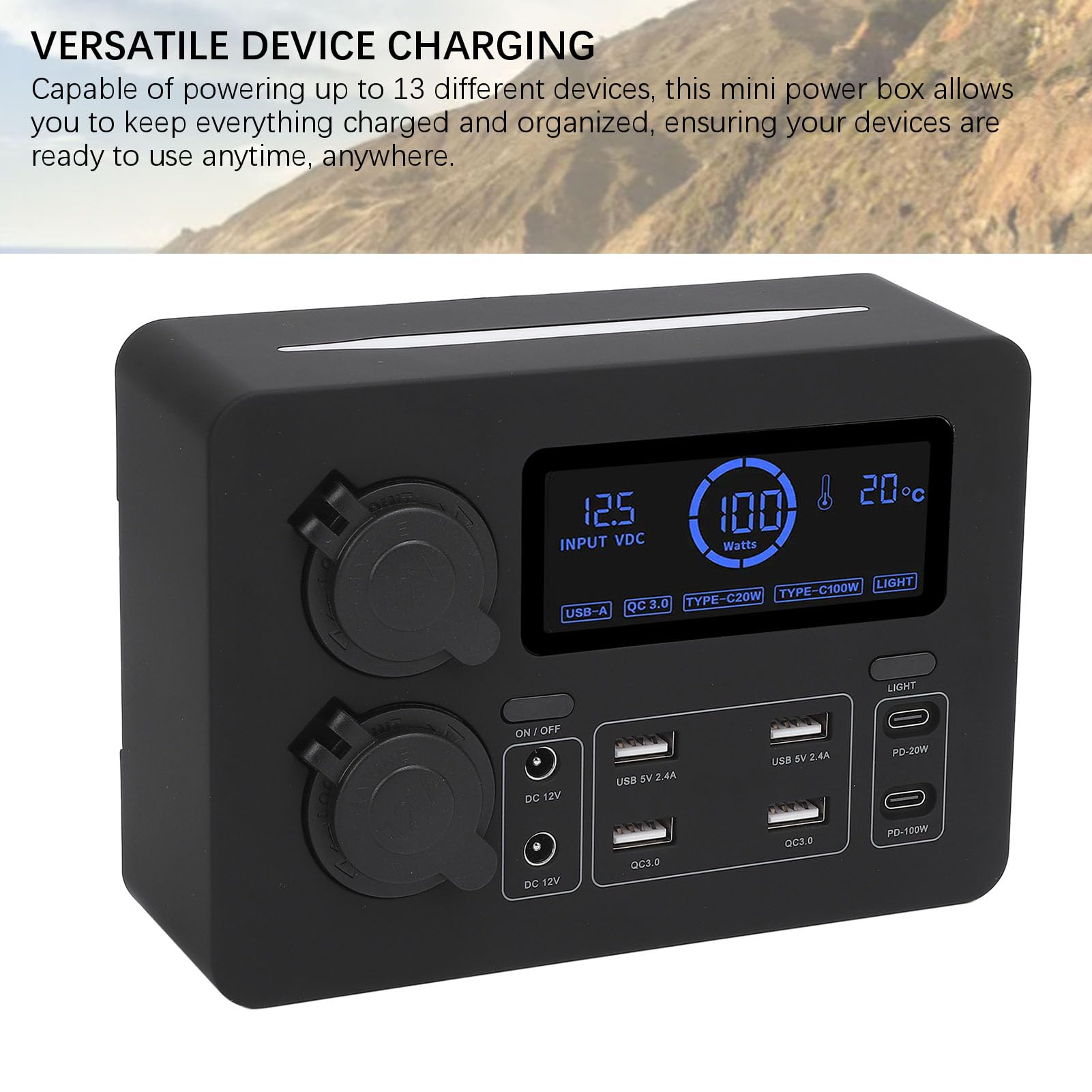 Denash 12V Mini Power Box z Wyświetlaczem LCD | Efektywne zarządzanie energią, 4 gniazda Anderson, USB C QC3.0, kompatybilne z kamperem i łodzią