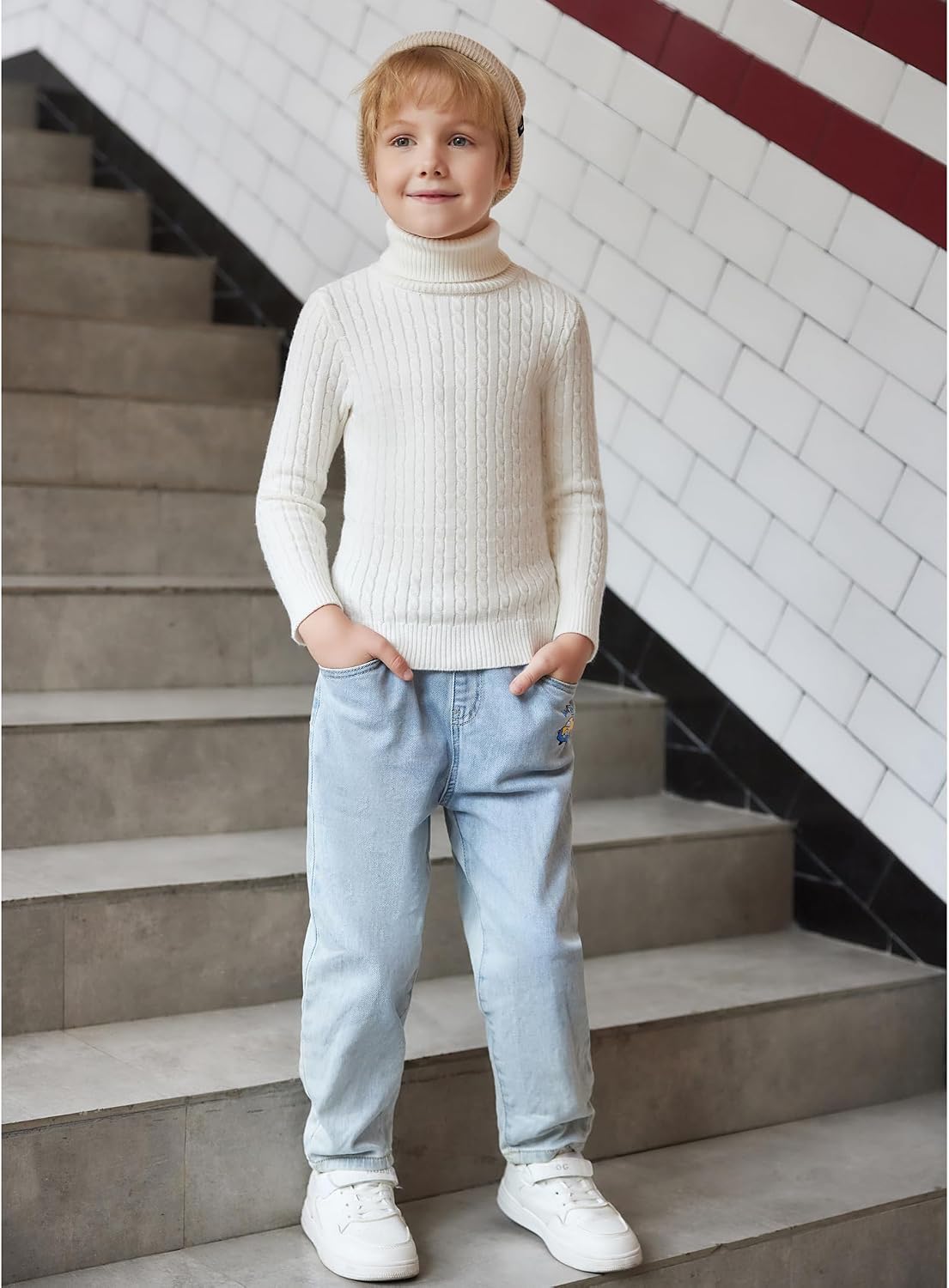 Arshiner Boy's Ribbed Turtleneck Cable Knitted Sweater Slim Fit Pullover Sweater for Kids 4-13 Years