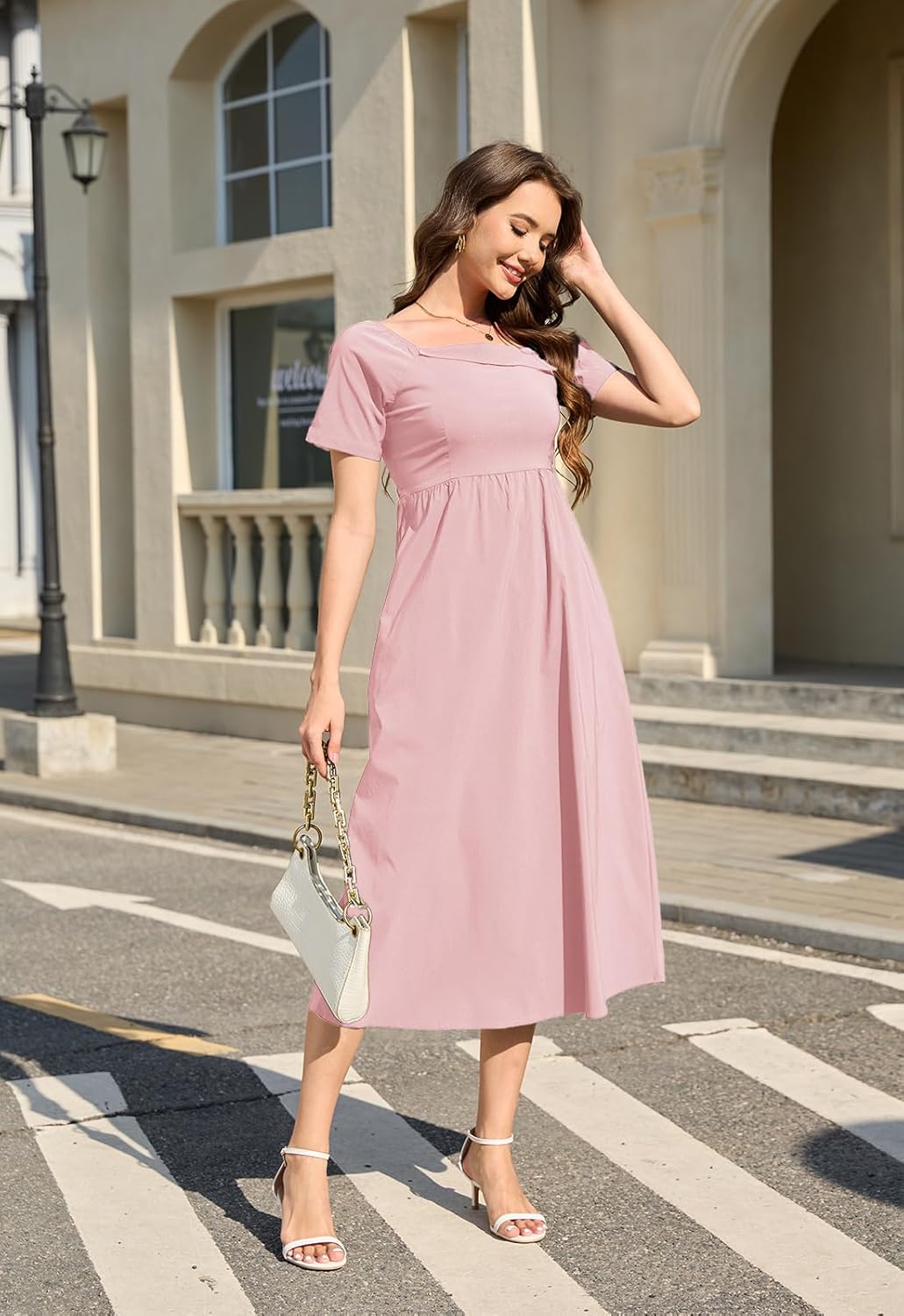 Jayscreate Women’s Casual Square Neck Long Halter Tie Dress Midi Short Sleeve 2025 Summer Flowy Dress A-Line for Women - Image 4