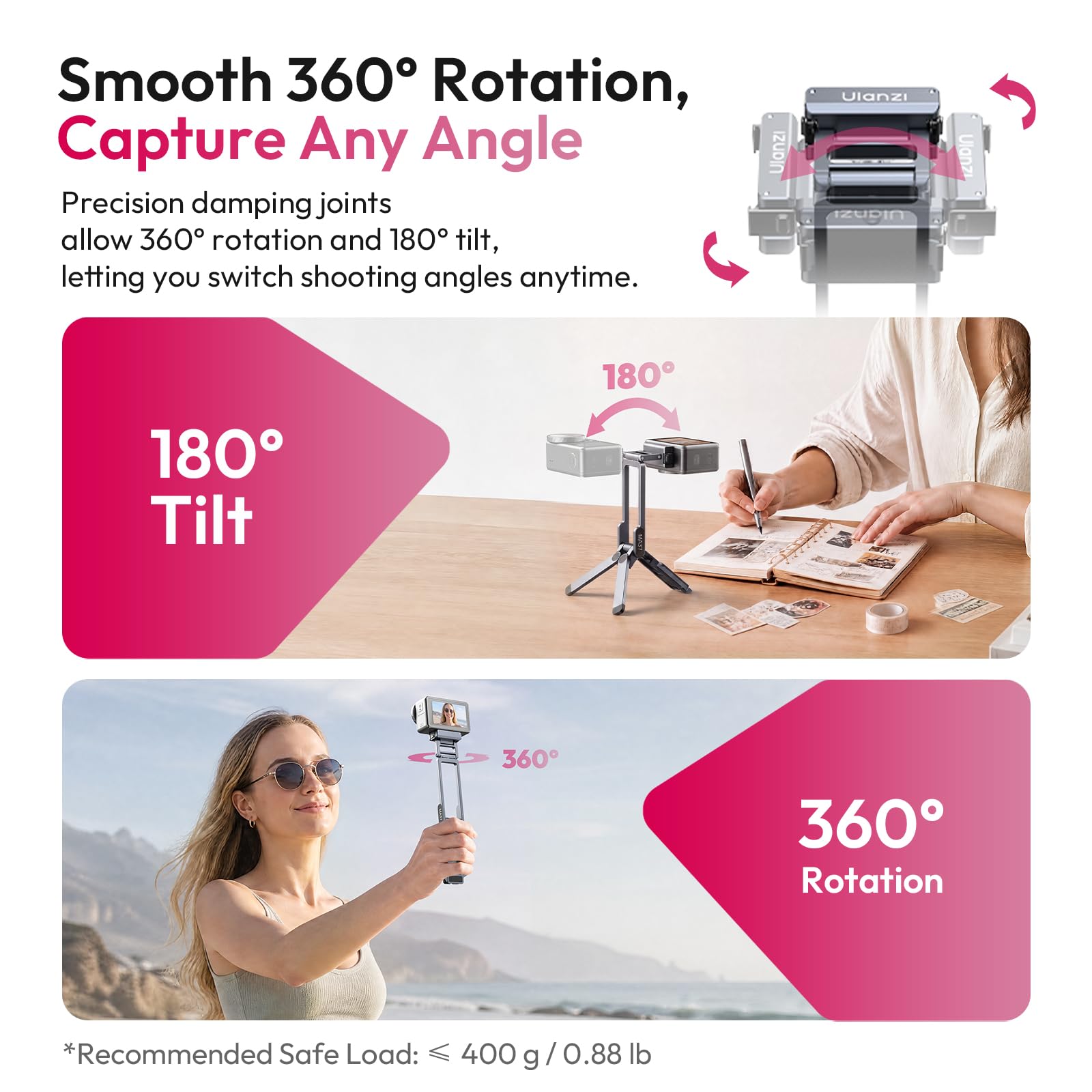 LANZI MA37 Mini Stativ mit Schnellwechsel, für DJI Osmo Action 3 4 5 Pro Action 5, neues magnetisches Schnellverriegelungssystem, Tischstativ mit 1/4-20-Zoll-Kaltgeräteschuh, Alu-Vlog-Selfiestick