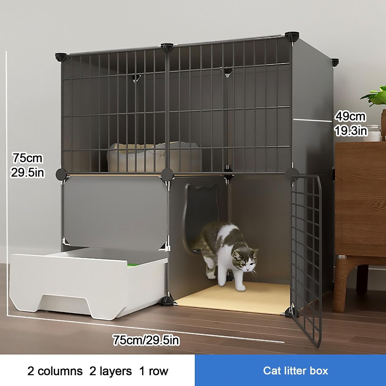Large, Indoor 2-Tier DIY Cat Playpen, Home Cat Litter Basin Toilet Integrated, Super Large Free Space(75x49x75cm)