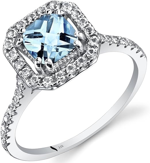 Peora Aquamarine Ring for Women 14K White Gold with White Topaz, Genuine Gemstone Birthstone, 1.13 Carats total, 6mm Cushion Cut, Halo Design, Sizes 5 to 9