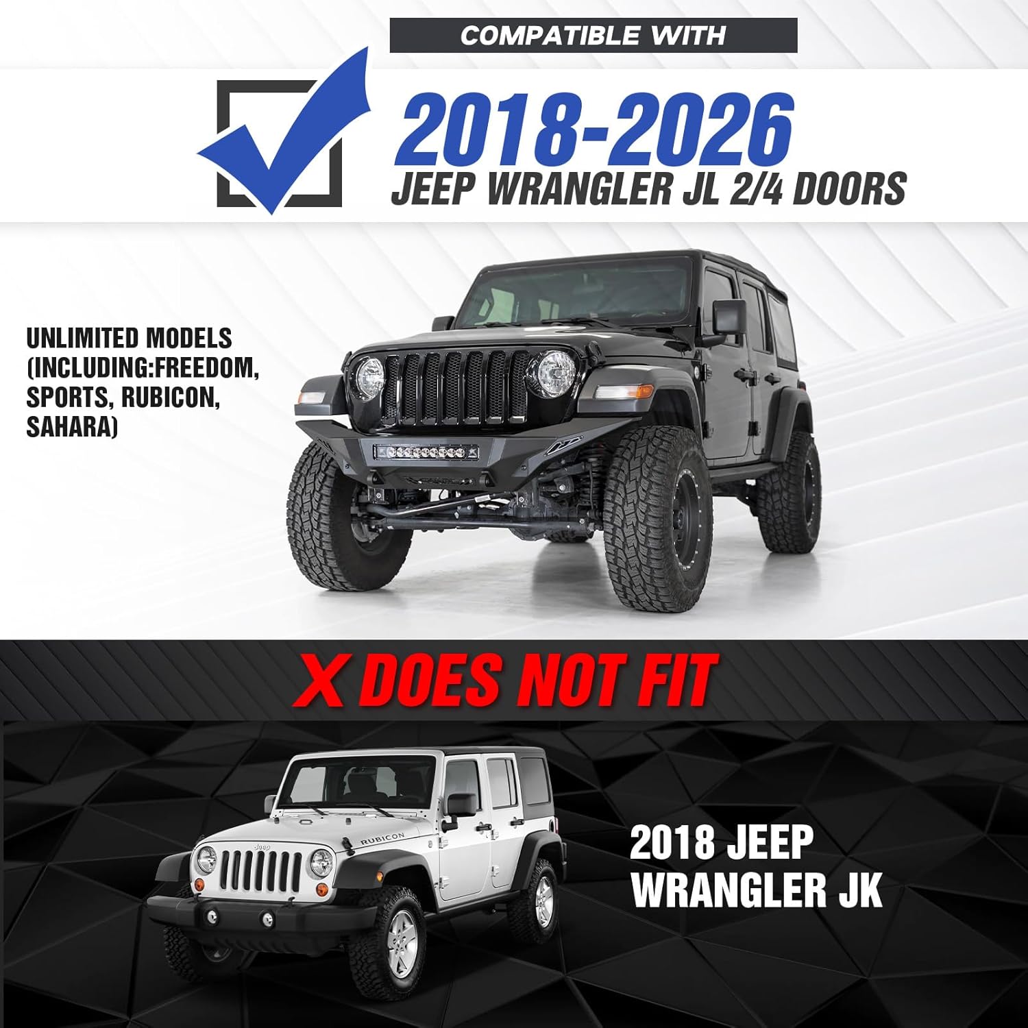 for JL Front Bumper with Skid Plate Compatible with 2018 2019 2020 2021 2022 2023 2024 2025 2026 Jeep Wrangler JL JLU with Winch Plate, License Plate Frame, LED Lights, Fog Light Hole & D-rings