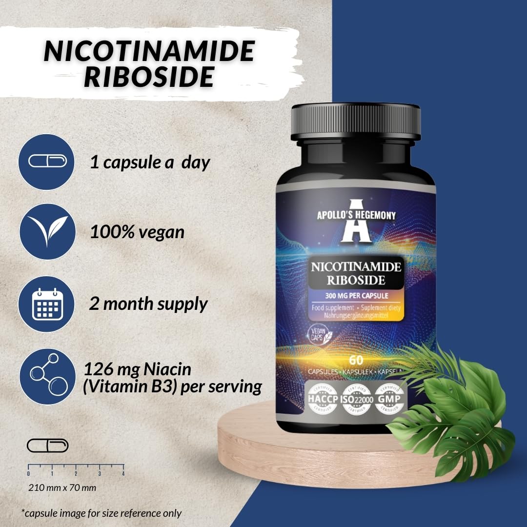 Rybozyd nikotynamidu (NR) 300 mg - 60 wegańskich kapsułek niacyny - zapas na 2 miesiące - suplement witaminy B3 wspomagający metabolizm energetyczny i zmniejszający zmęczenie - Apollo's Hegemony