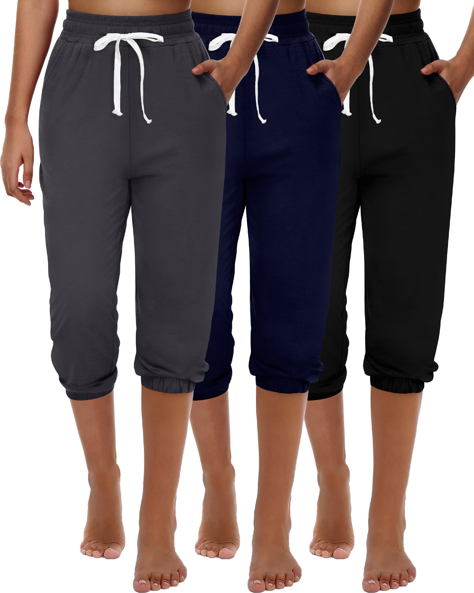 Ficerd Ensemble de 3 Pantalons de Survêtement Capri pour Femme Pantalon de Tapered Jogging Court et Décontracté pour L'été Taille Haute avec Poches