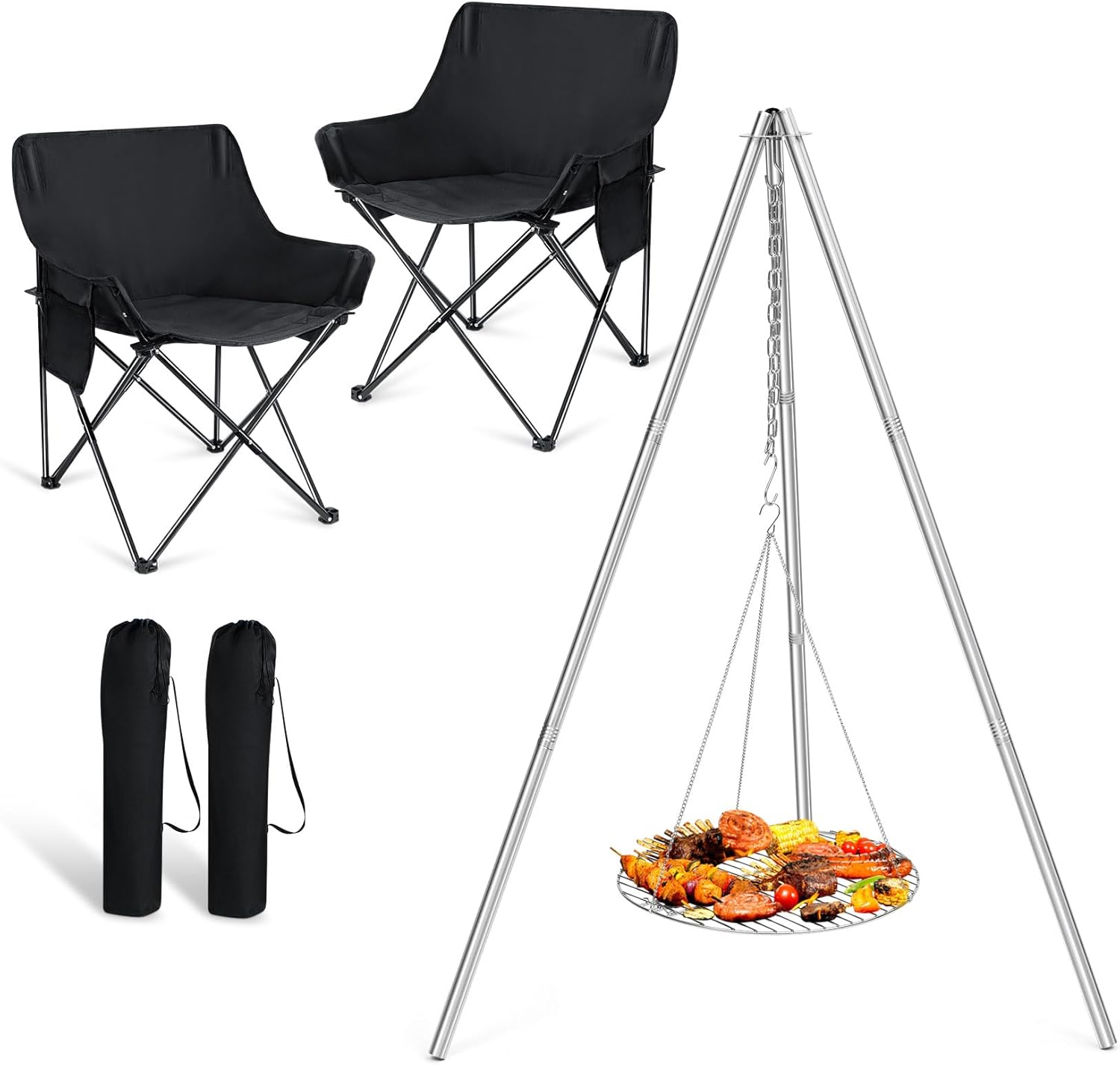 Joyfair Campfire Camping Tripod Grill Grate(17” Dia.) & Outdoor Camping Chair for Adult, Stainless Steel Openfire Tripod with Over Firepit Rack Camp Equipment, Large Portable Folding Moon Chairs