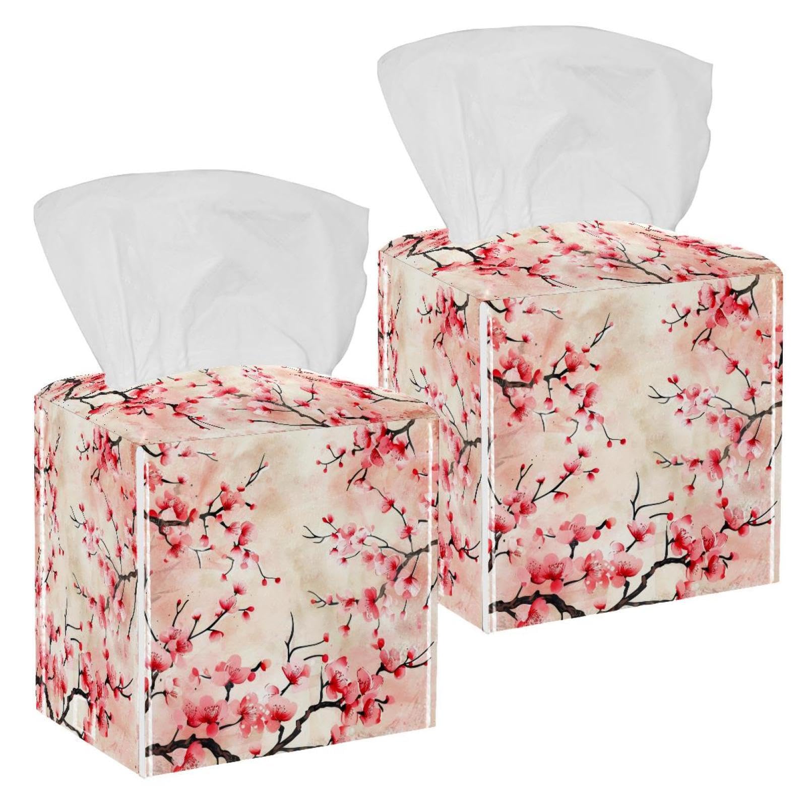 Cherry Blossoms Tissue Box Cover, 2 Pack PU Leather Square Facial Tissue Dispenser Box holder for Home Office Car
